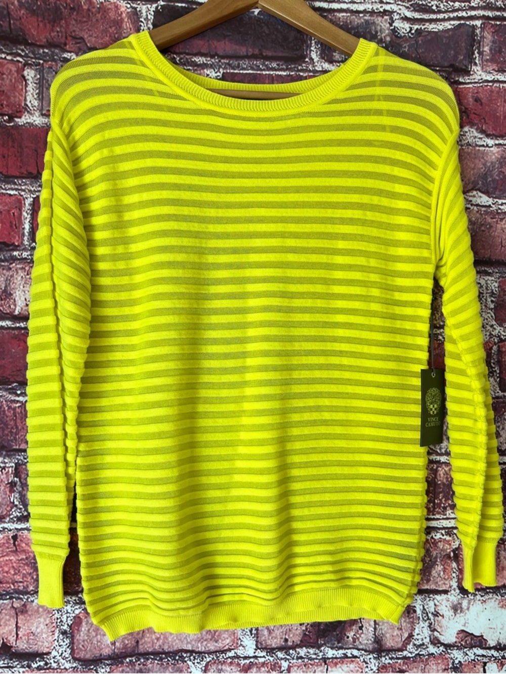 Vince Camuto Neon Yellow Striped Crewneck Sweater